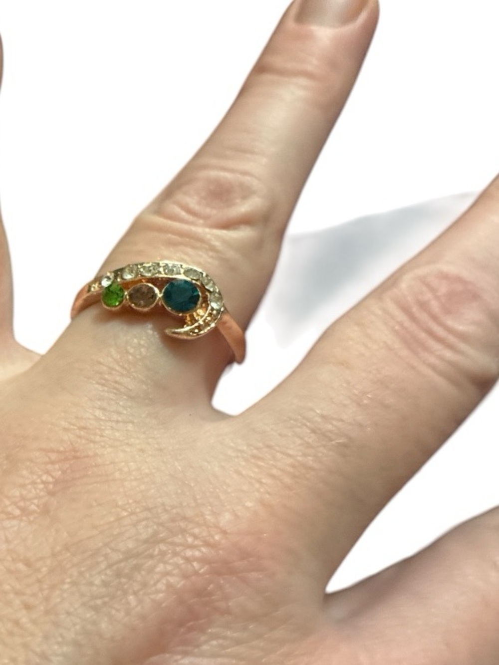 Gold-Tone Crescent Ring with Blue and Green Stones